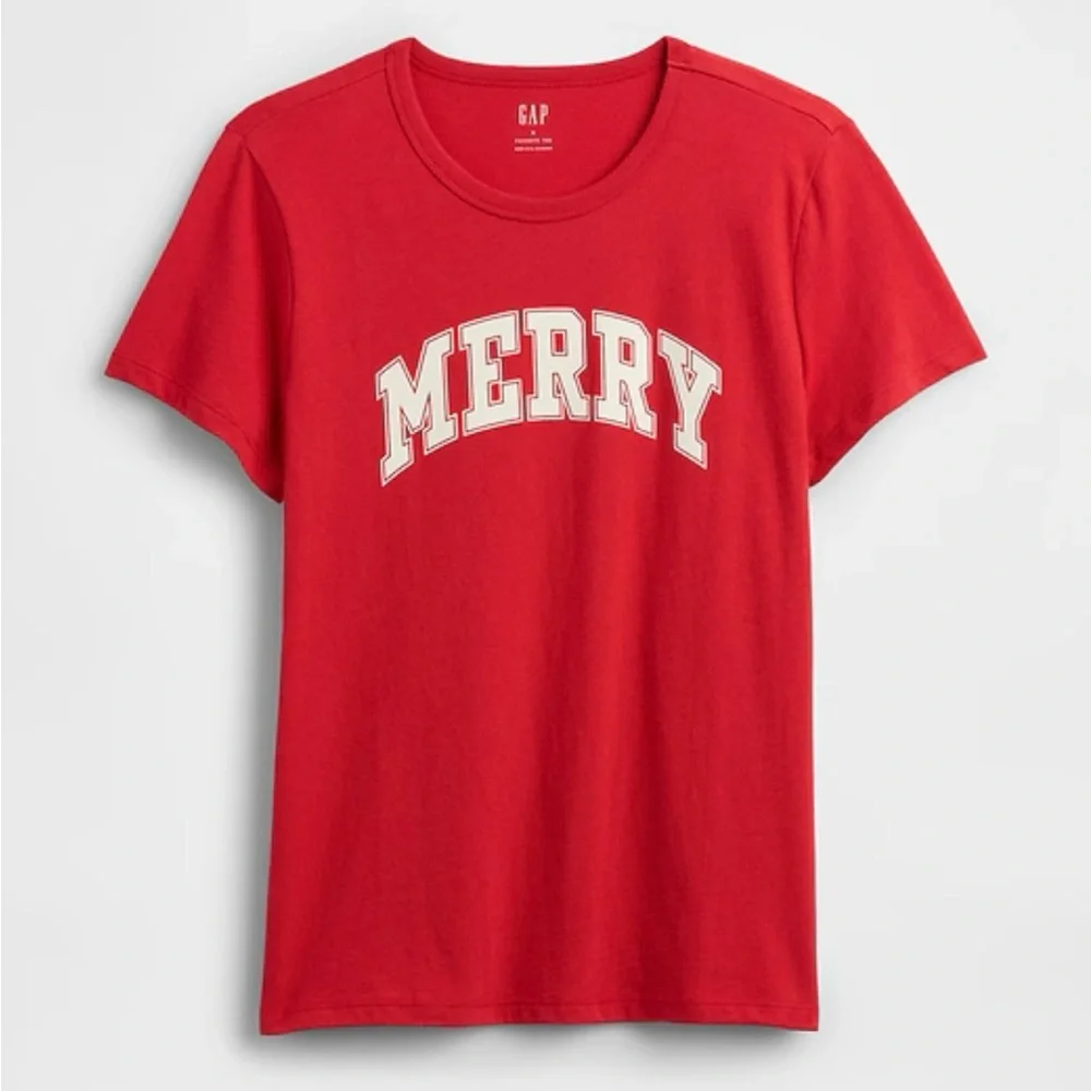 NEW!! Festive Women's Gap Favorite Tee with “Merry” Text (Red-Large)- NWT